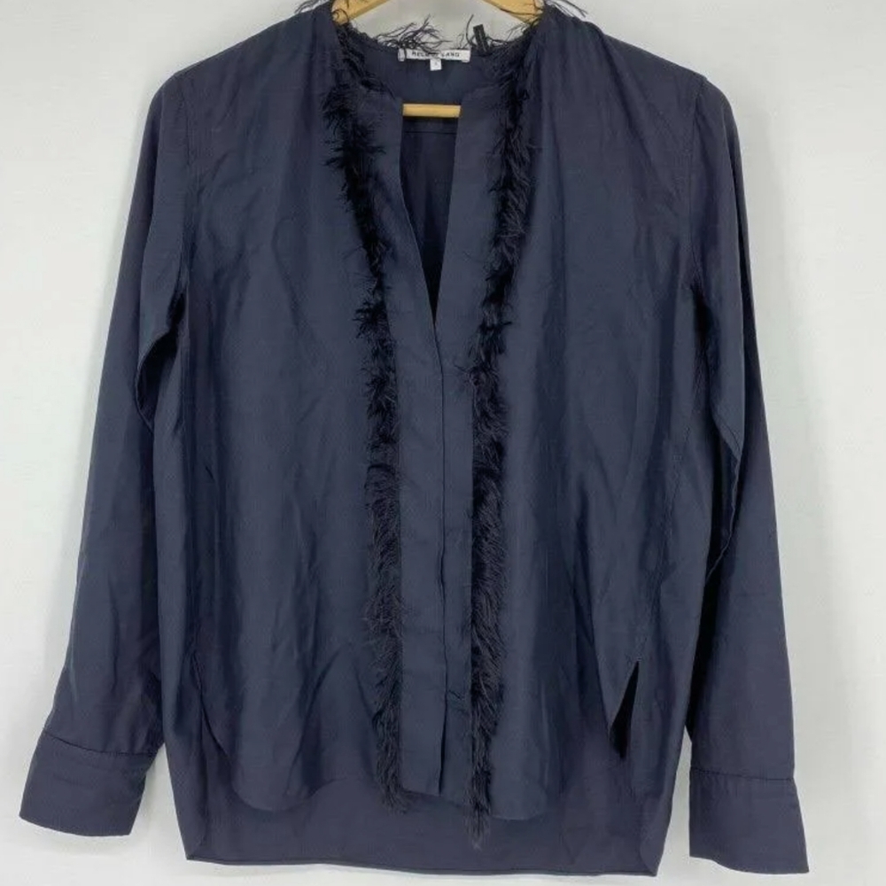 Helmut Lang Dark Blue 100% Silk Top with feathers